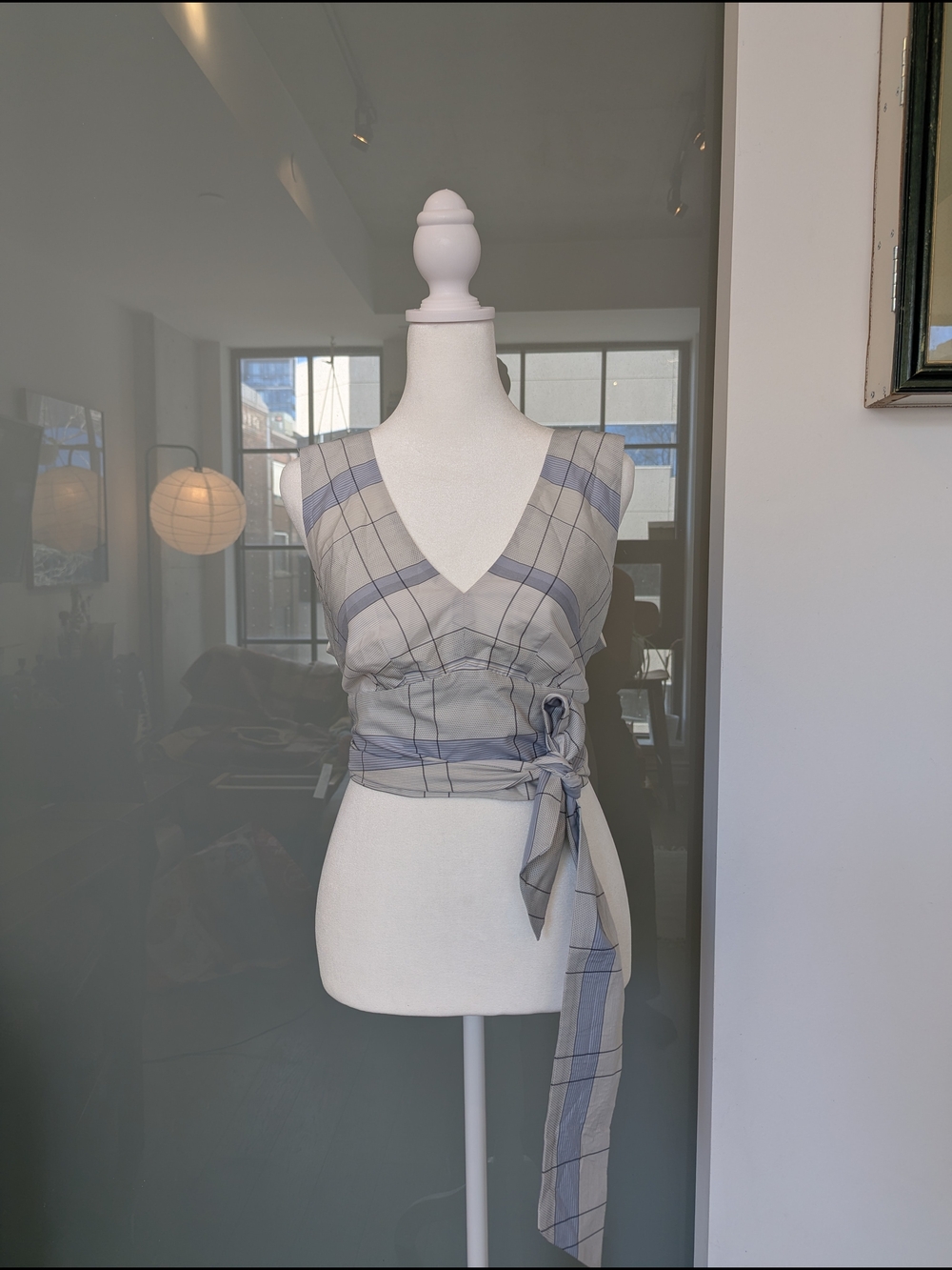 Club Monaco Blue and Gray Plaid Wrap Crop Top